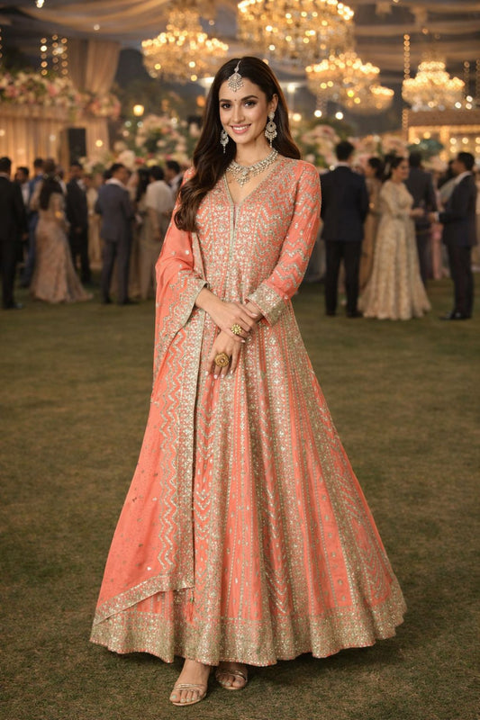Elegant Orange Chinon Embroidered Anarkali Gown Featuring Intricate Zari Work With Dupatta