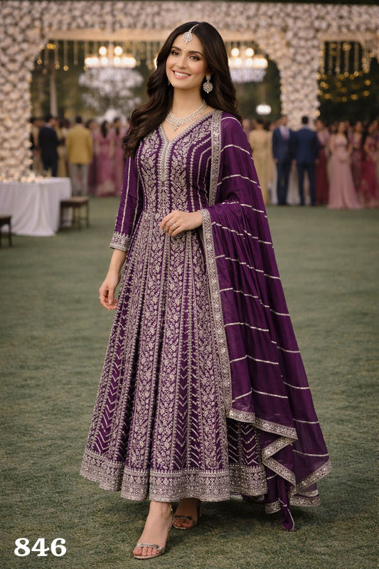Purple Real Premium Chinon Embroidered Anarkali Gown With Dupatta