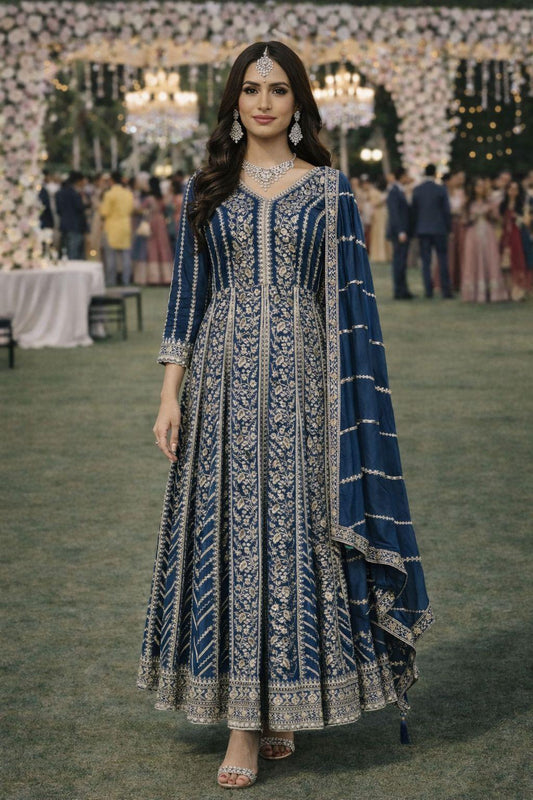 Navy Blue Real Premium Chinon Embroidered Anarkali Gown With Dupatta