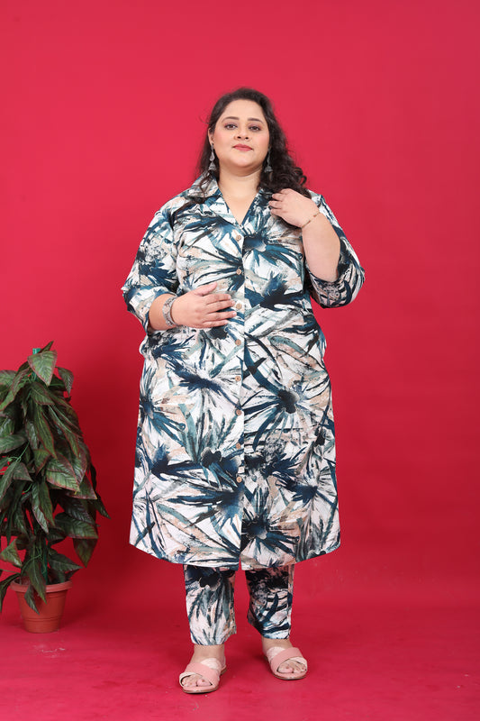 Stylish Plus-Size Blue Rayon Printed Co-Ord Set For Women A Comfortable Straight Fit