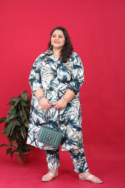 Stylish Plus-Size Blue Rayon Printed Co-Ord Set For Women A Comfortable Straight Fit