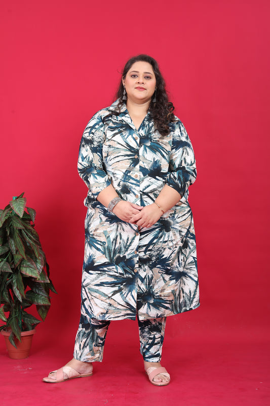 Stylish Plus-Size Blue Rayon Printed Co-Ord Set For Women A Comfortable Straight Fit