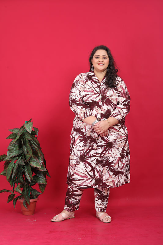 Stylish Plus-Size Brown Rayon Printed Co-Ord Set With Pant For Women