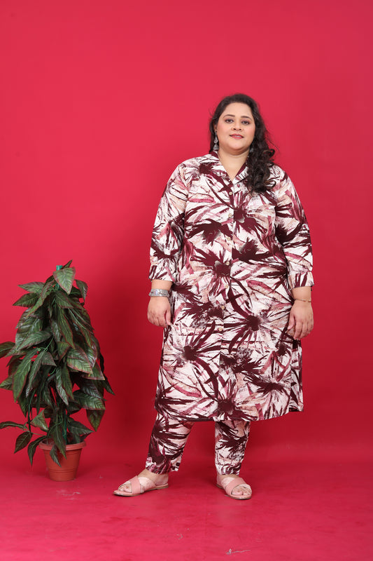 Stylish Plus-Size Brown Rayon Printed Co-Ord Set With Pant For Women