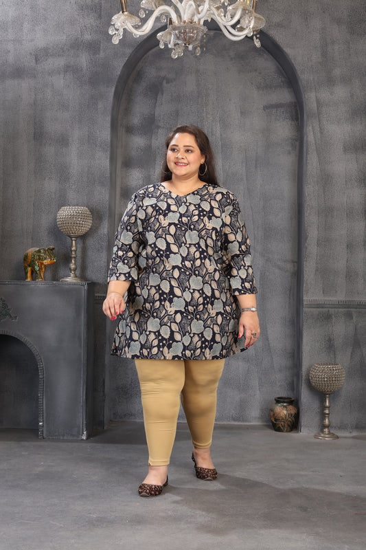 Women's Plus Size Navy Blue Floral Printed Chanderi Top Designed With A Round-Neck