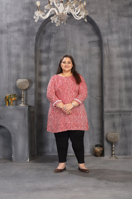 Women's Trendy Red Printed Rayon Plus-Size Top Featuring With A Round Neckline