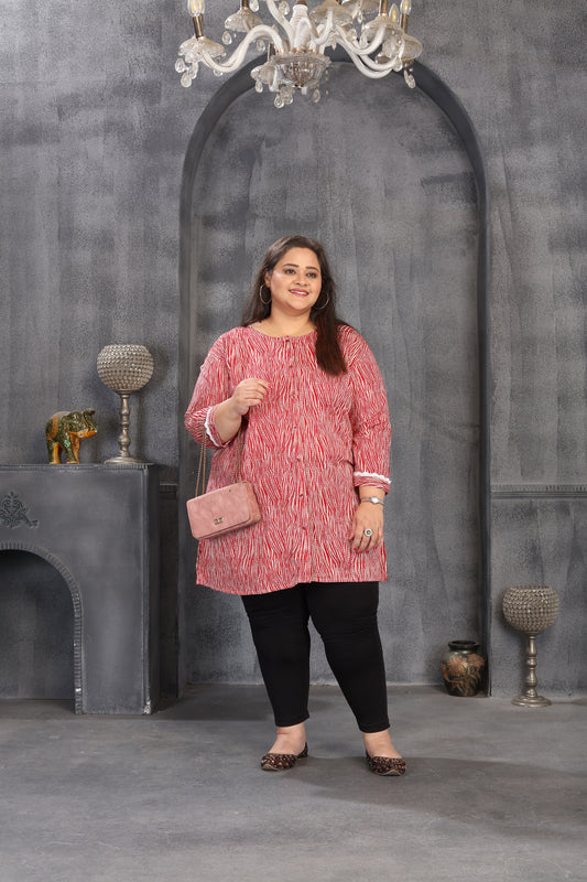 Women's Trendy Red Printed Rayon Plus-Size Top Featuring With A Round Neckline