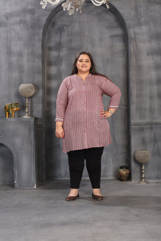 Women's Trendy Dusty Pink Printed Rayon Plus-Size Top Featuring With A Round Neckline