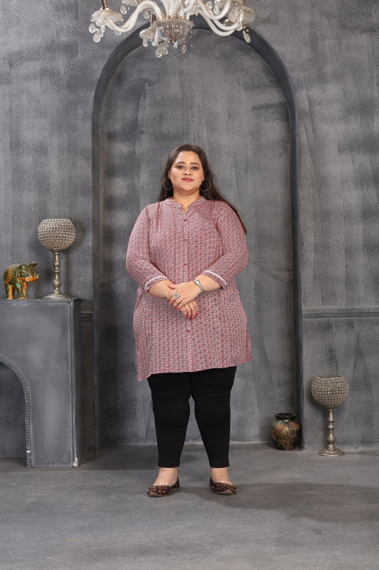 Women's Trendy Dusty Pink Printed Rayon Plus-Size Top Featuring With A Round Neckline