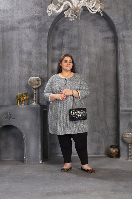 Women's Trendy Grey Printed Rayon Plus-Size Top Featuring With A Round Neckline