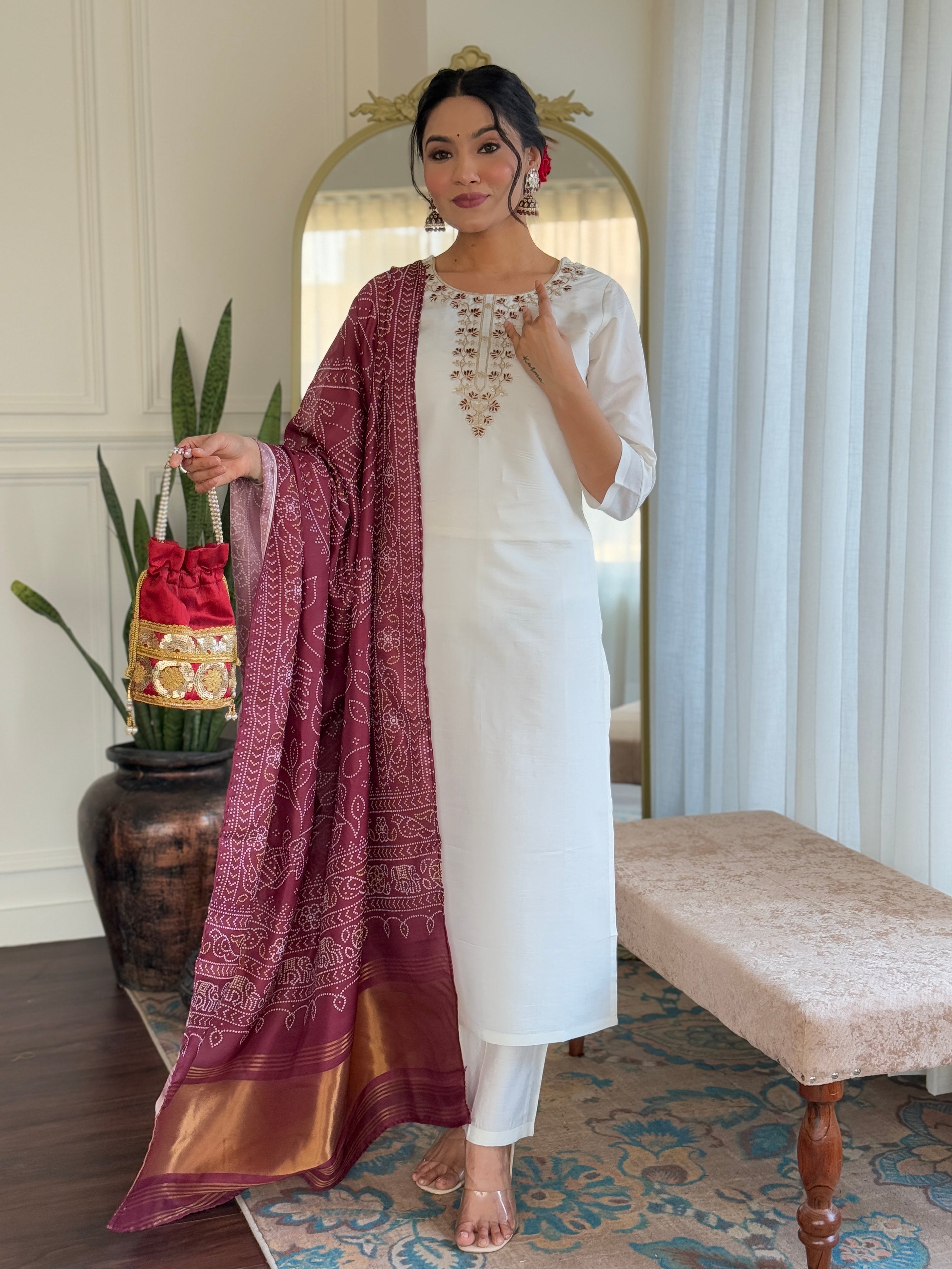 Women’s White Viscose Chanderi Kurta Set with Sequin & Coding Embroidery Work