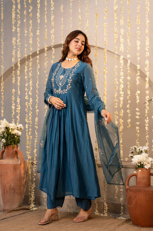 Women's Blue Chanderi Silk Embroidered Flared Kurta Pant Set With Dupatta