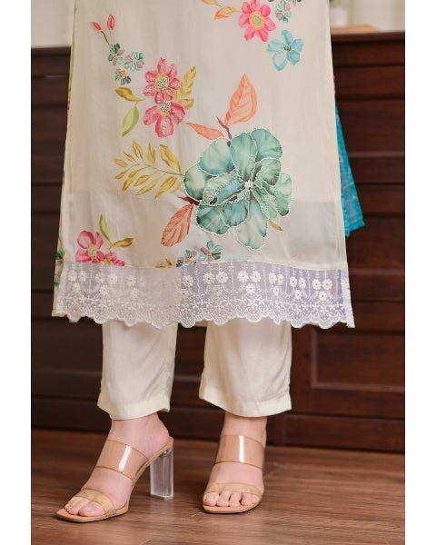 Women’s Beige Ethnic Nylon Tabby Set Adorned with Sequin Embroidery