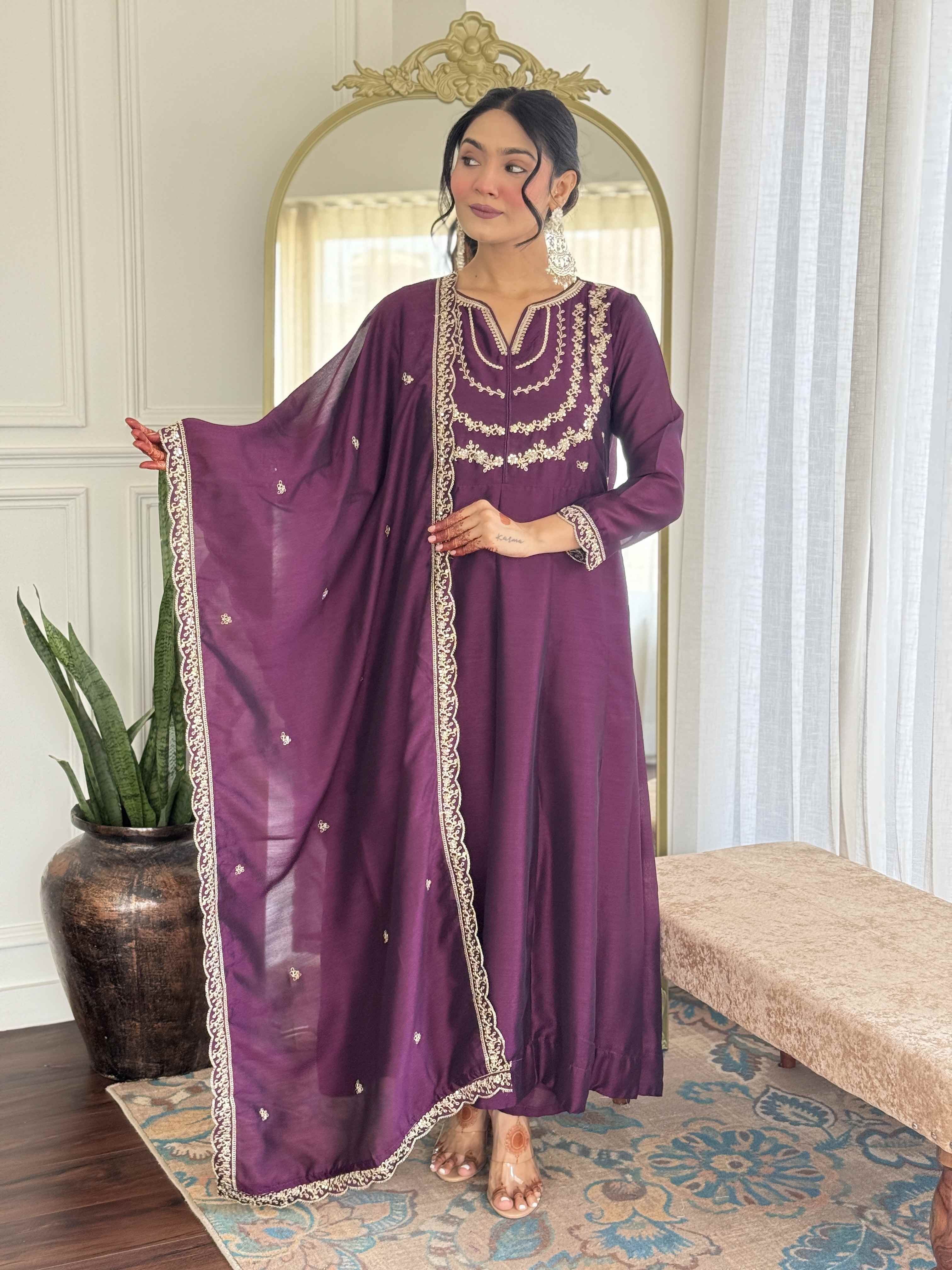Women’s Purple Wine Vichitra Silk Kurta Set with Sequin & Coding Embroidery Work