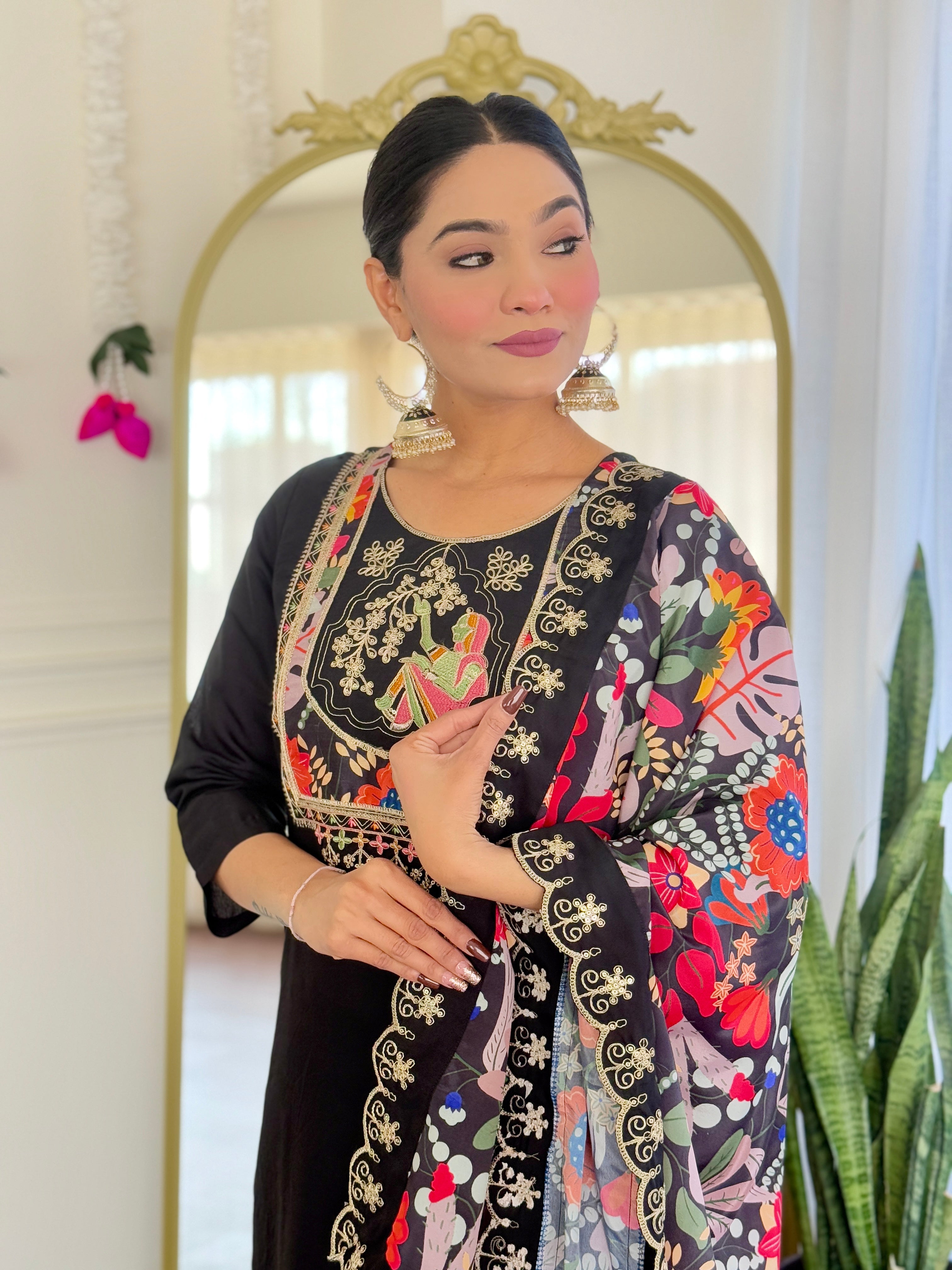 Women’s Black Pure Viscose Chanderi Kurta Set with Sequin & Coding Embroidery