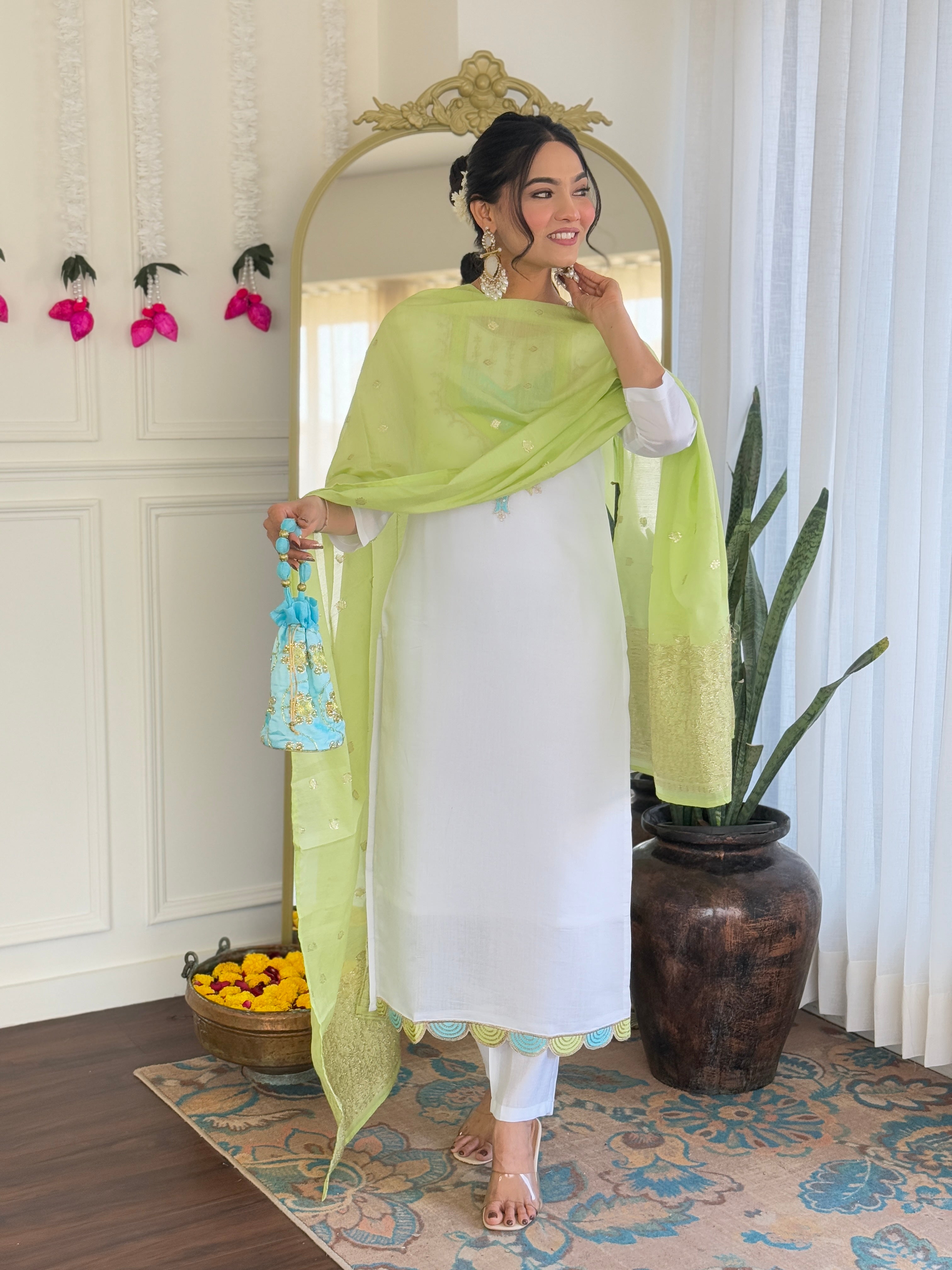 Women’s White Pure Viscose Chanderi Kurta Set with Sequin & Coding Embroidery