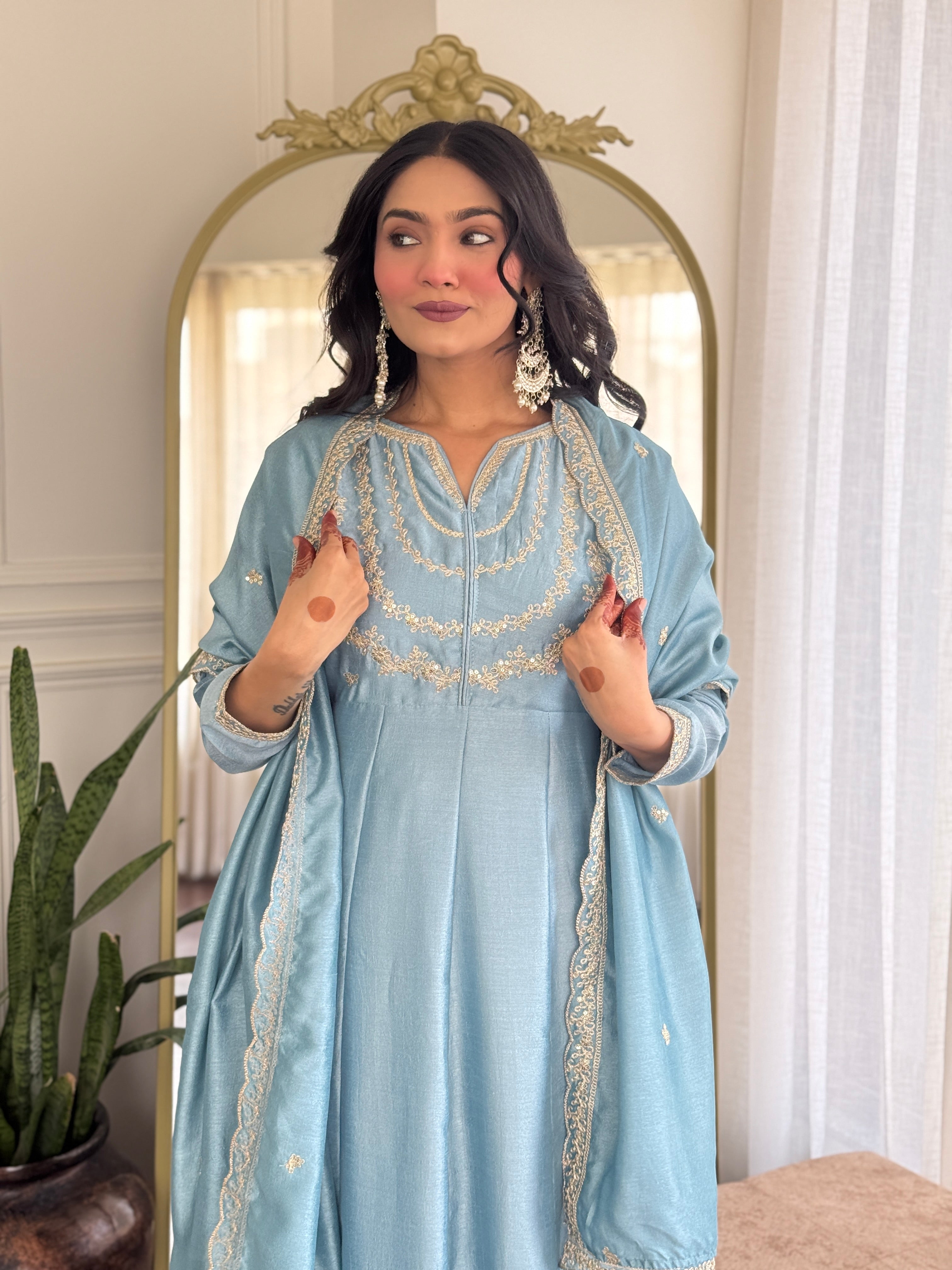 Women’s Sky Blue Vichitra Silk Kurta Set with Sequin & Coding Embroidery Work