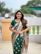 Green Soft Banarasi Silk Saree with Meenakari Zari Work & Rich Pallu Design