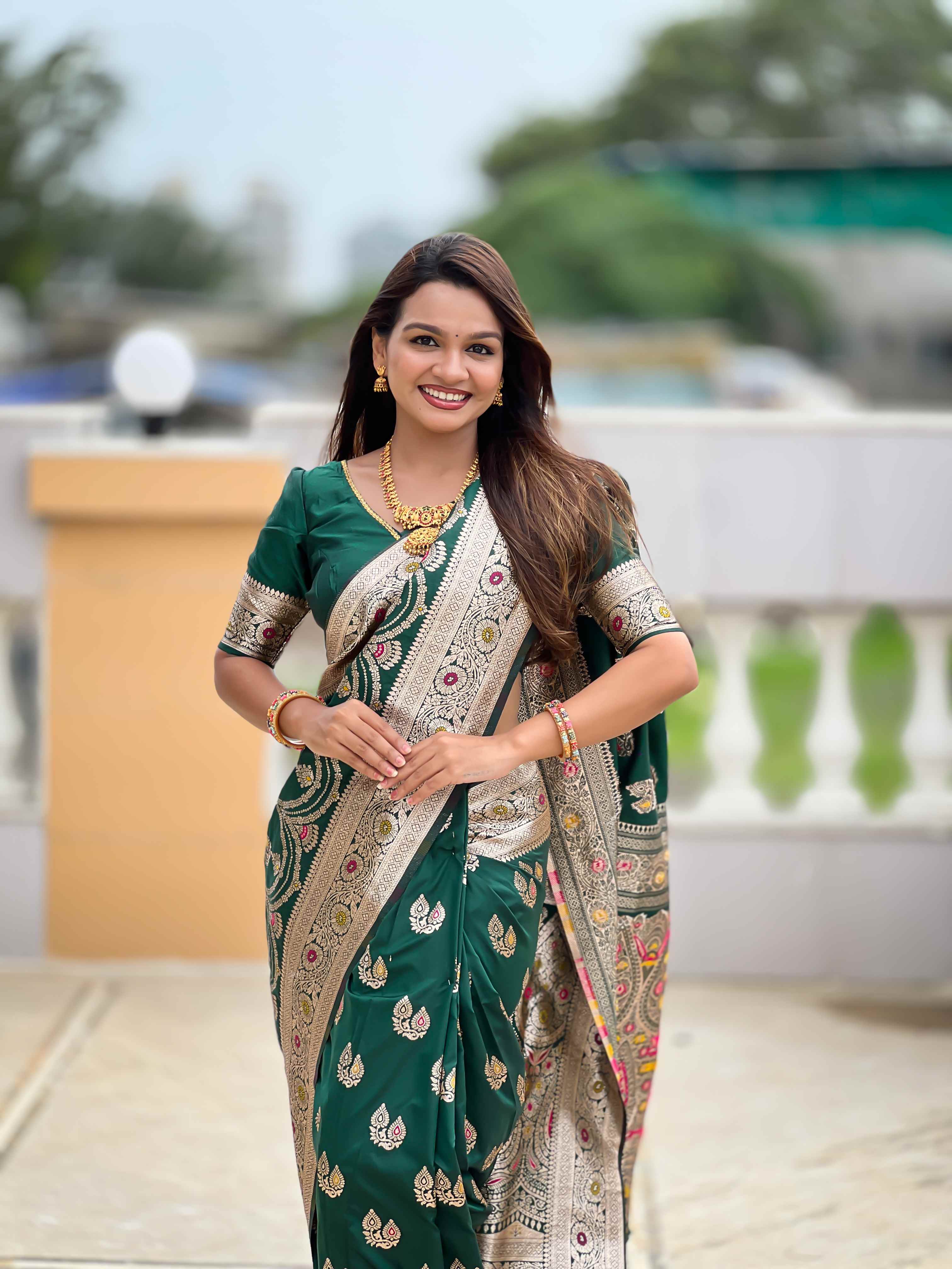 Green Soft Banarasi Silk Saree with Meenakari Zari Work & Rich Pallu Design
