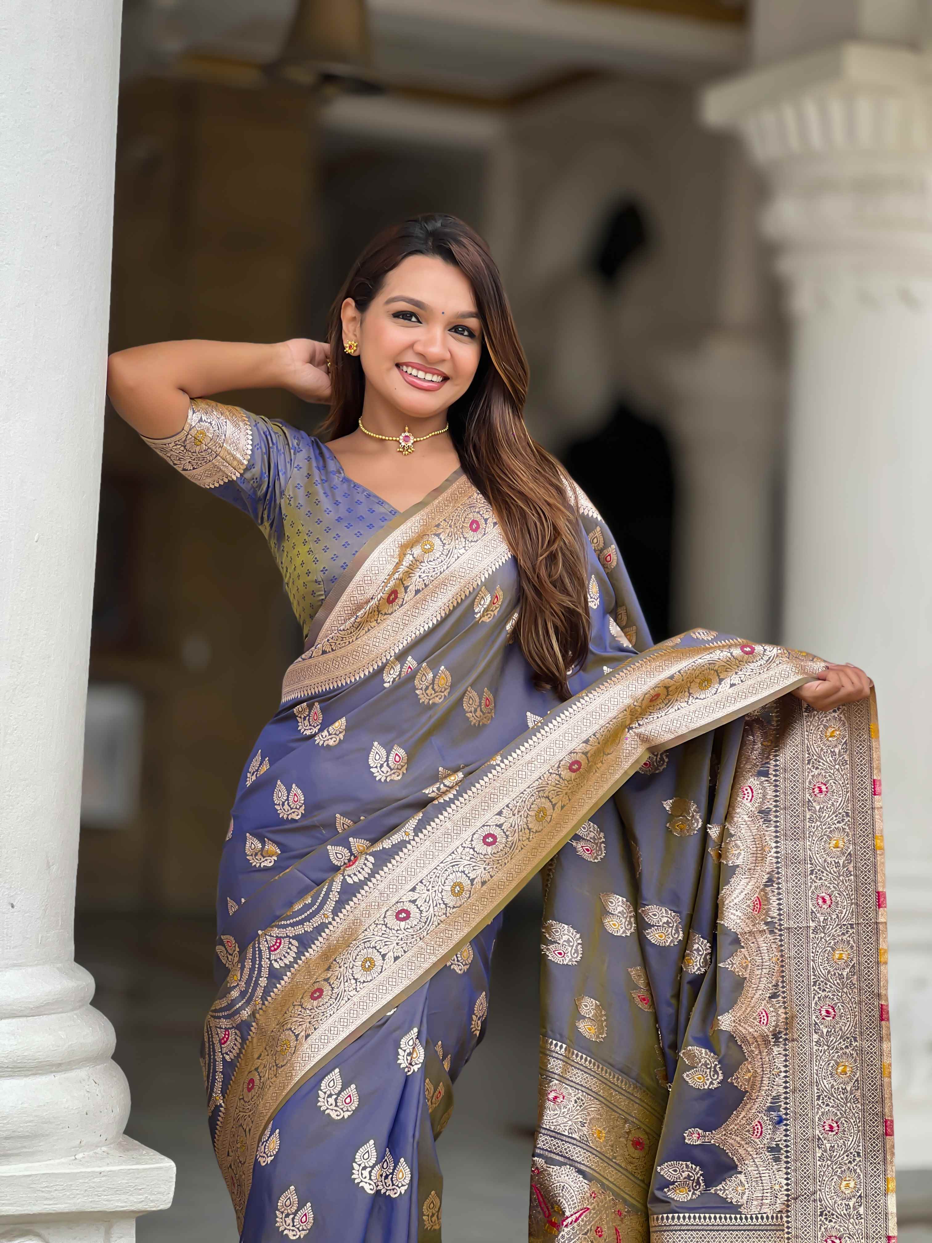 Grey Soft Banarasi Silk Saree with Meenakari Zari Work & Rich Pallu Design
