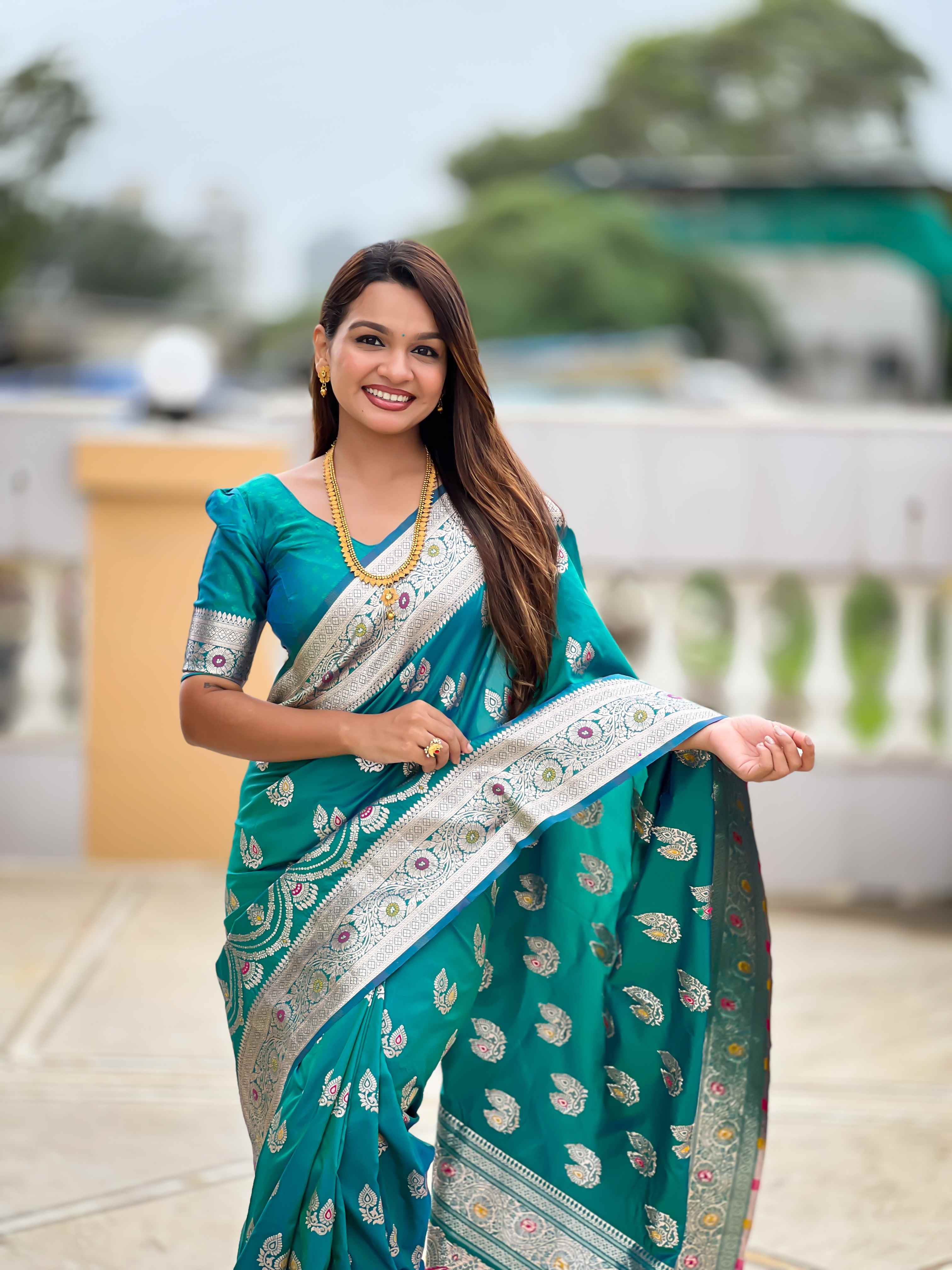 Sky Blue Soft Banarasi Silk Saree with Meenakari Zari Work & Rich Pallu Design