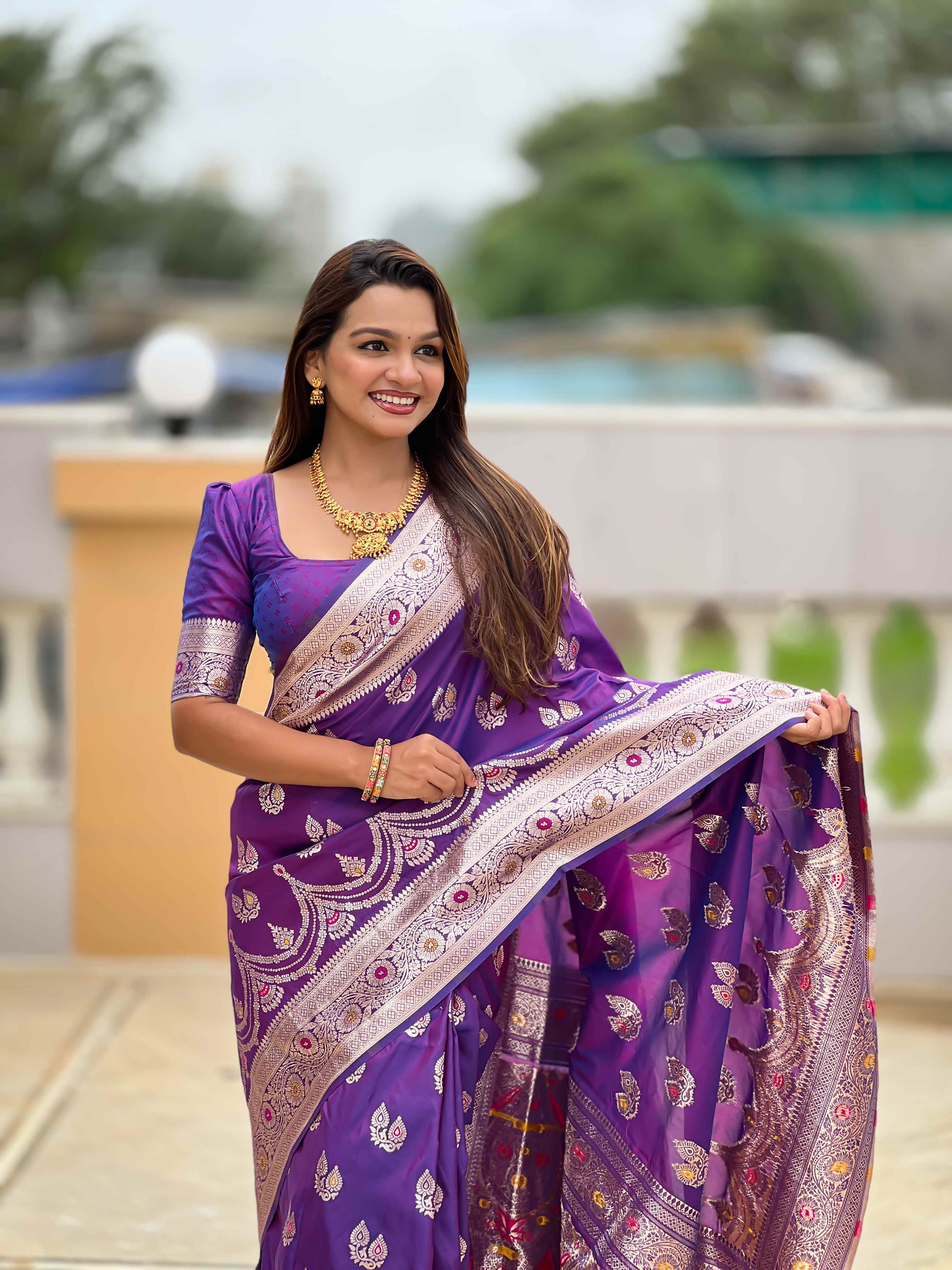 Purple Soft Banarasi Silk Saree with Meenakari Zari Work & Rich Pallu Design