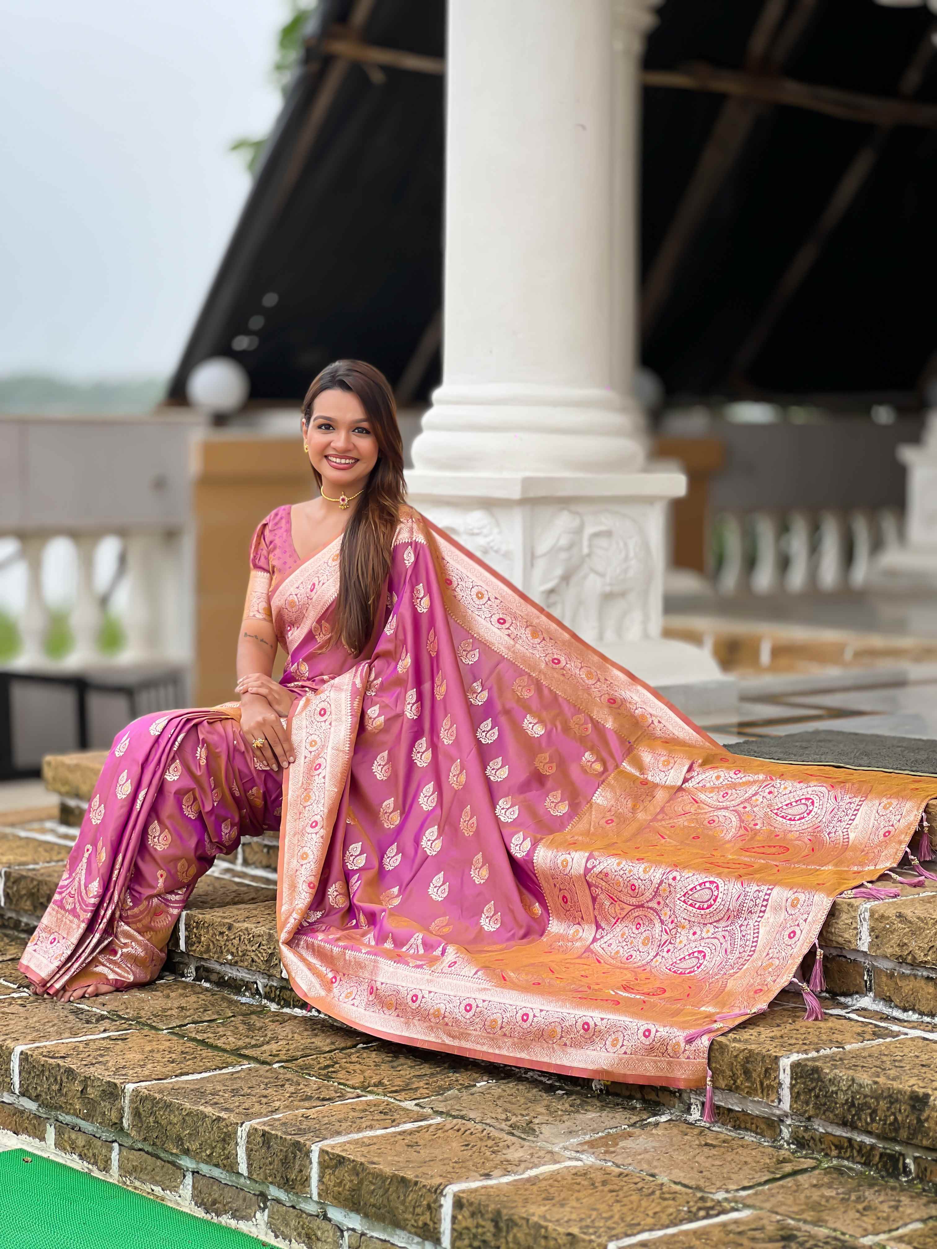 Peach Soft Banarasi Silk Saree with Meenakari Zari Weaving & Rich Pallu Design