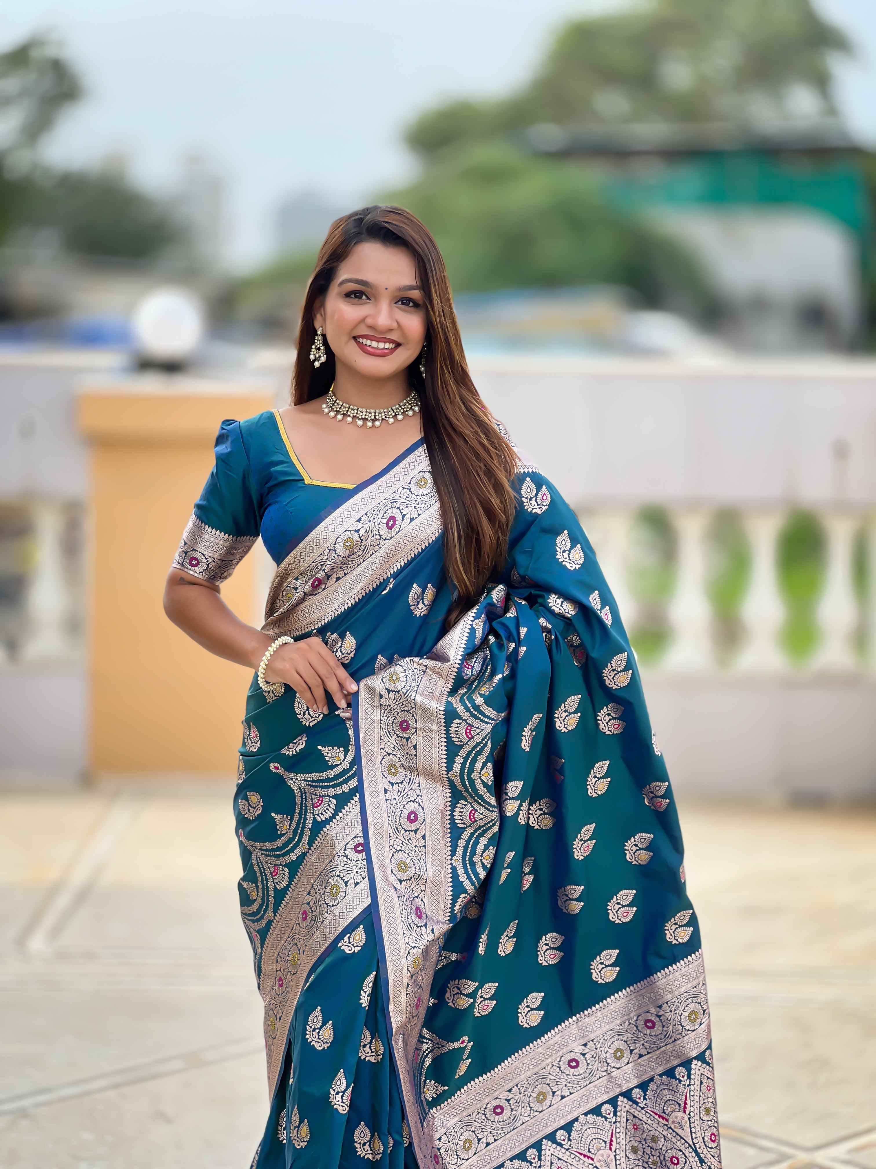 Blue Soft Banarasi Silk Saree with Meenakari Zari Work & Rich Pallu Design