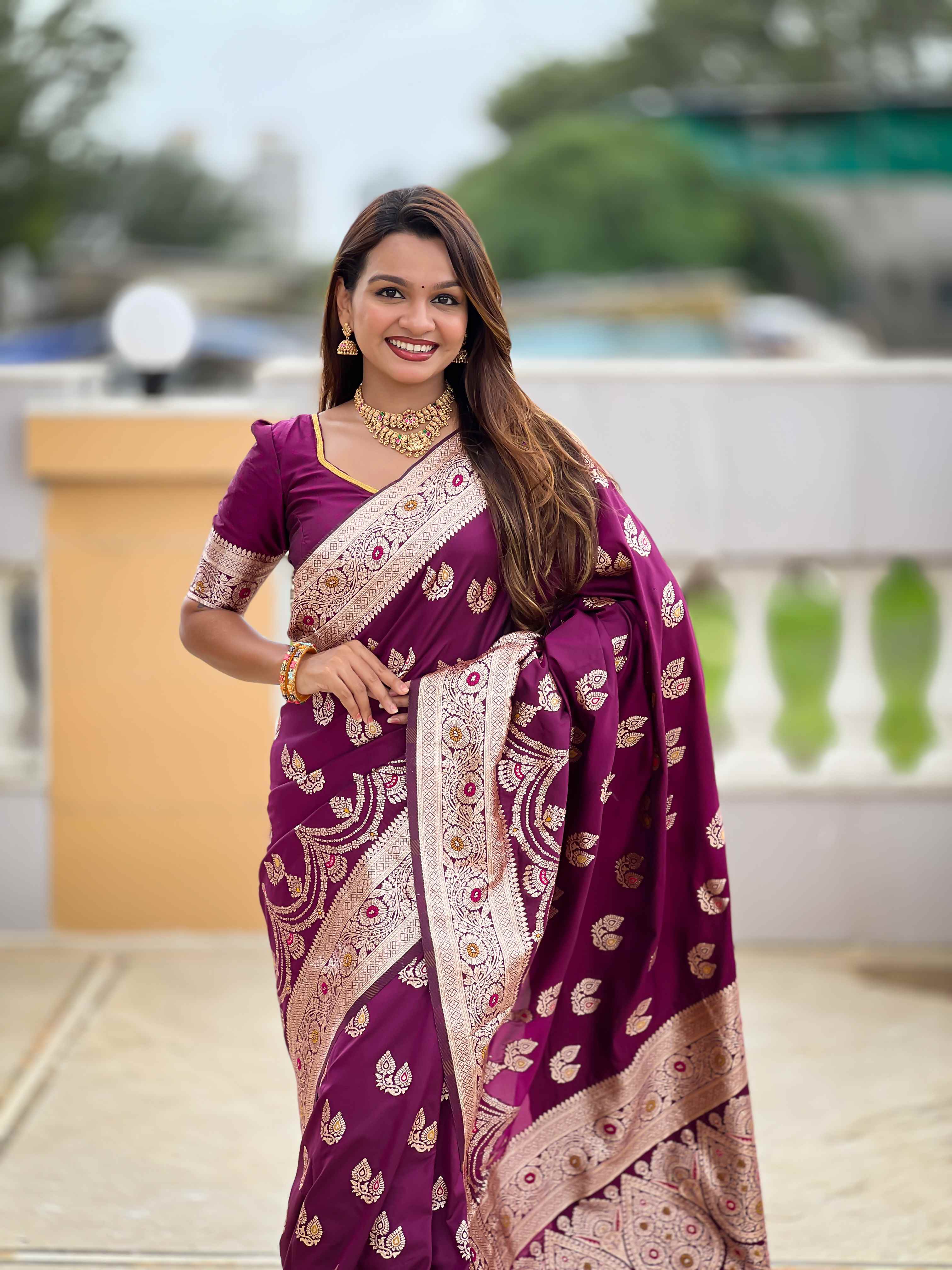 Wine Soft Banarasi Silk Saree with Meenakari Zari Work & Rich Pallu Design