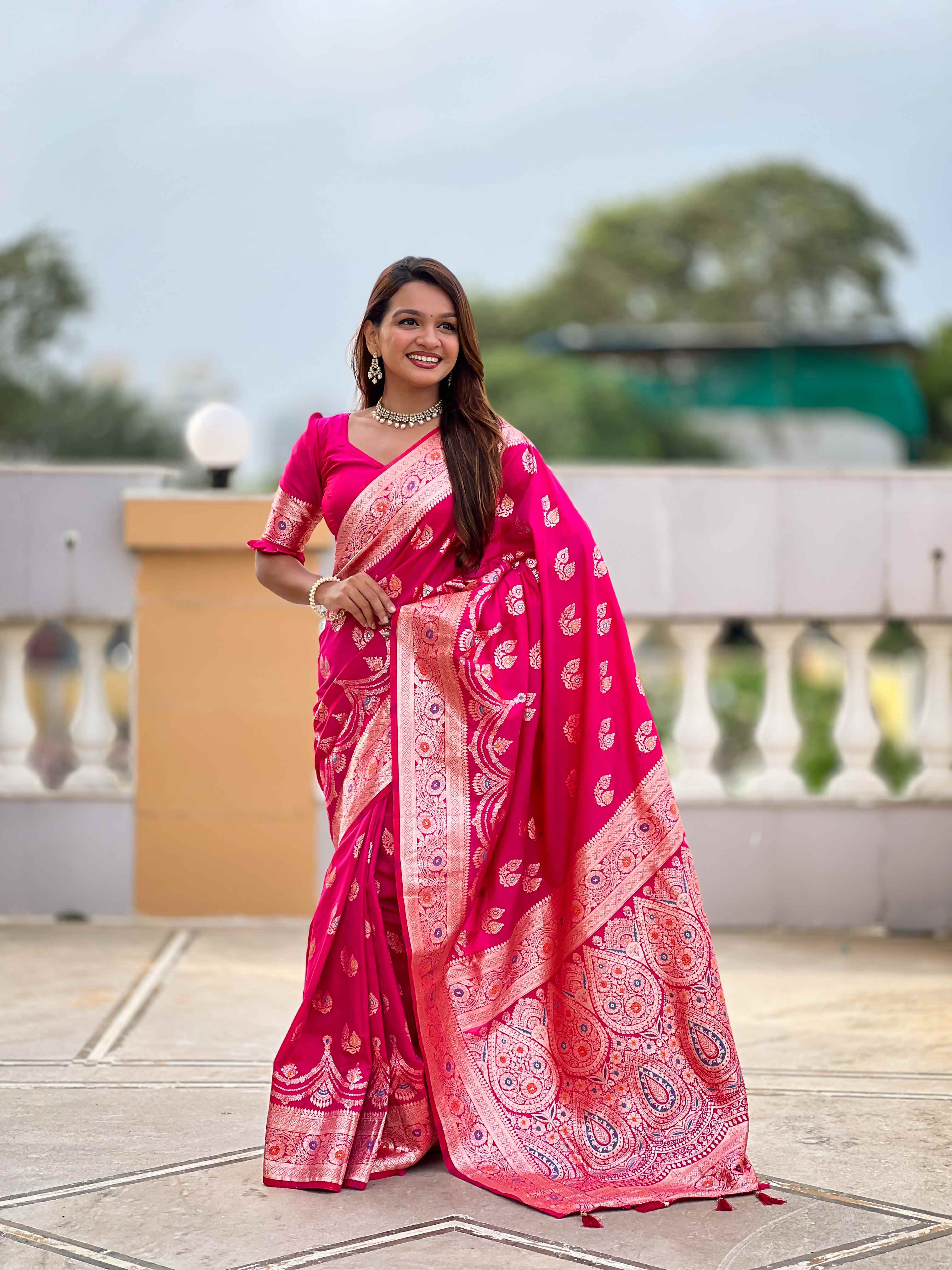 Pink Soft Banarasi Silk Saree with Meenakari Zari Work & Rich Pallu Design