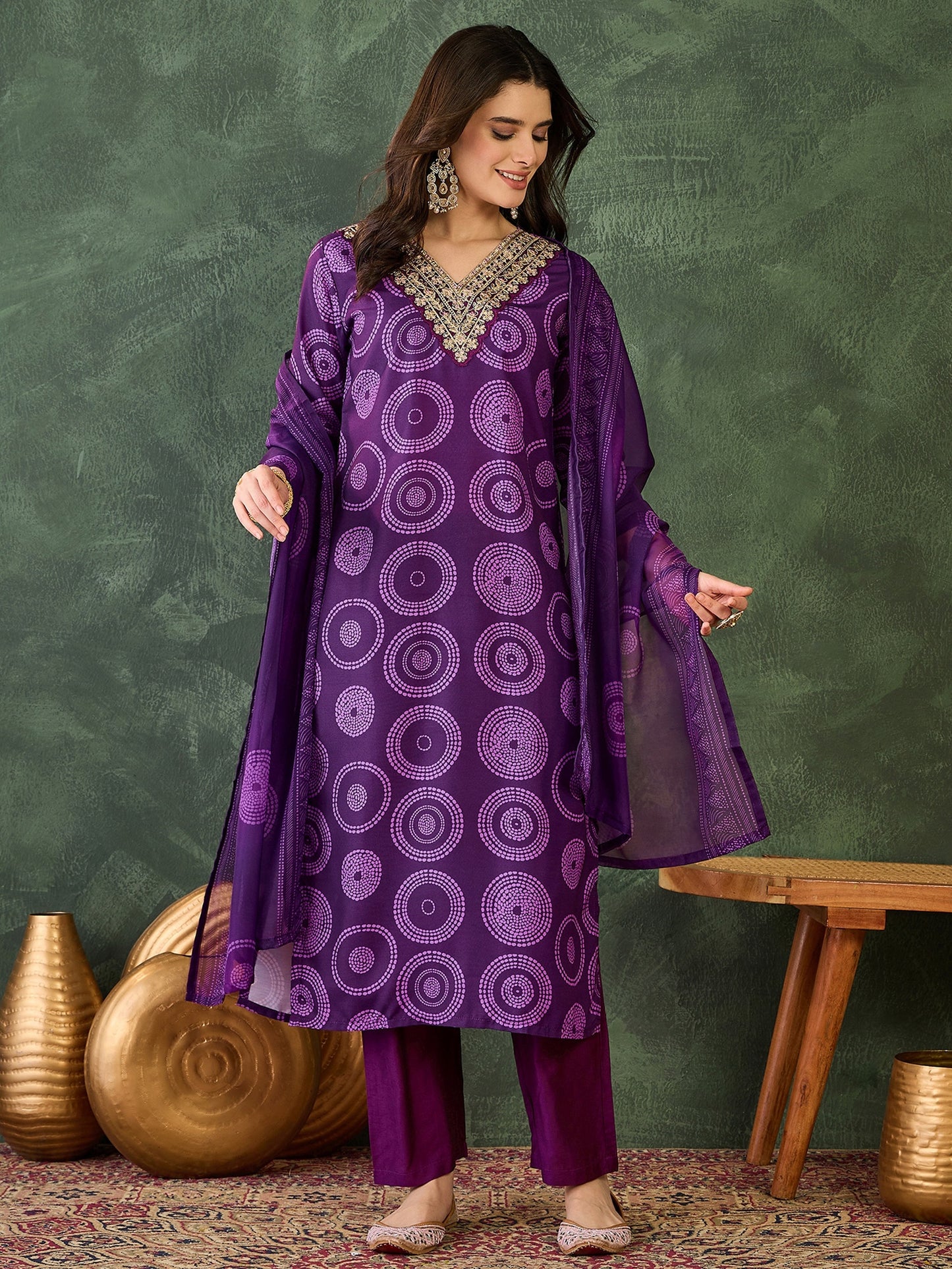 Purple Printed Kurta Set with Dupatta