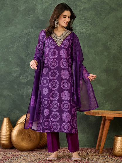 Purple Printed Kurta Set with Dupatta