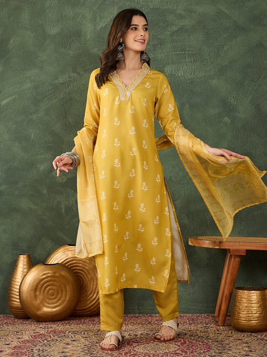 Yellow Printed Kurta Set with Dupatta