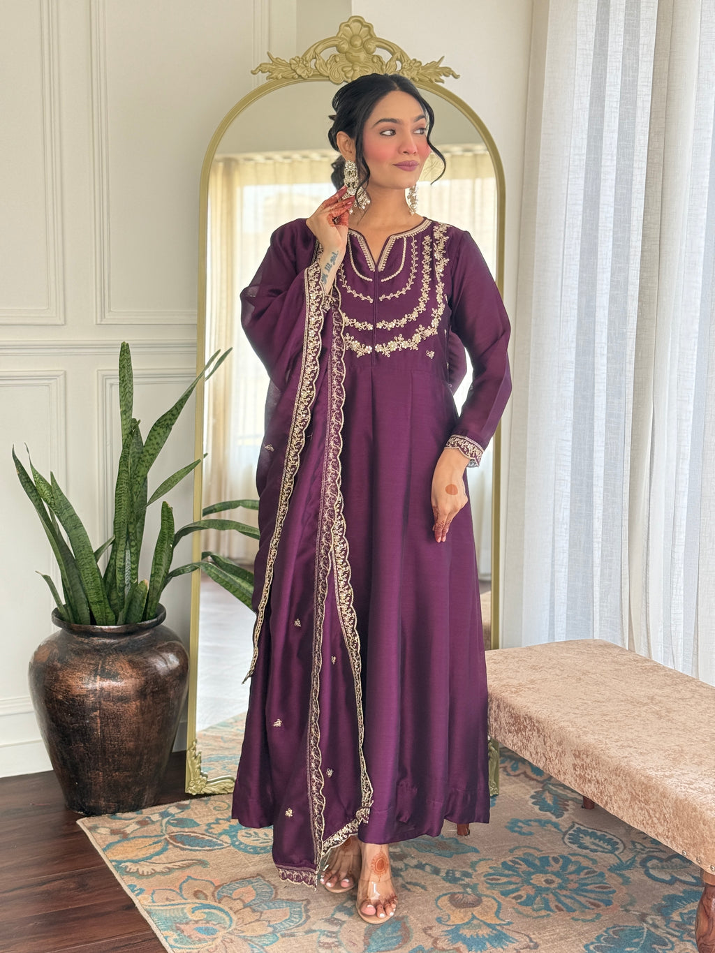 Women’s Purple Wine Vichitra Silk Kurta Set with Sequin & Coding Embroidery Work
