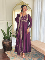 Women’s Purple Wine Vichitra Silk Kurta Set with Sequin & Coding Embroidery Work