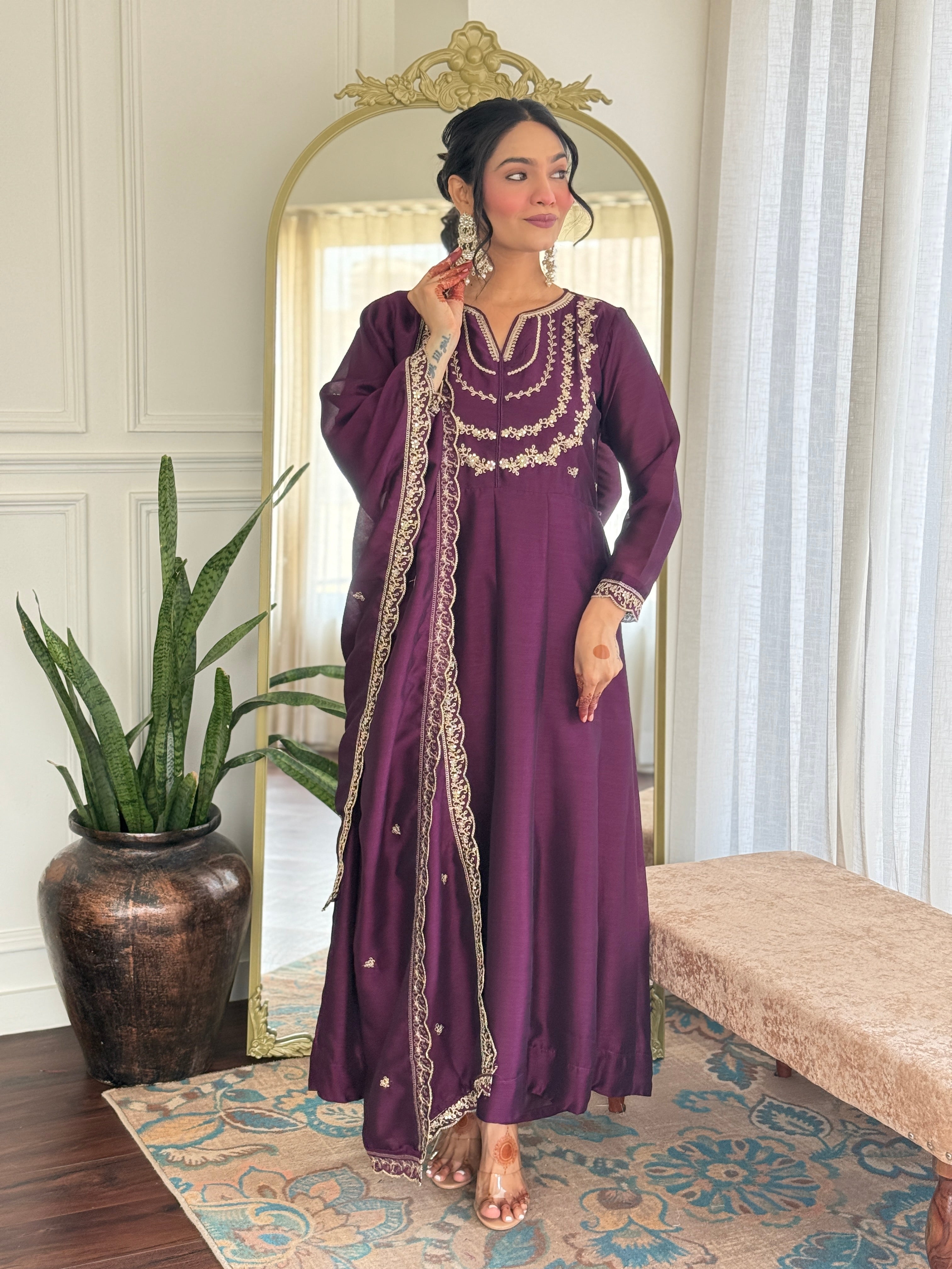 Women’s Purple Wine Vichitra Silk Kurta Set with Sequin & Coding Embroidery Work