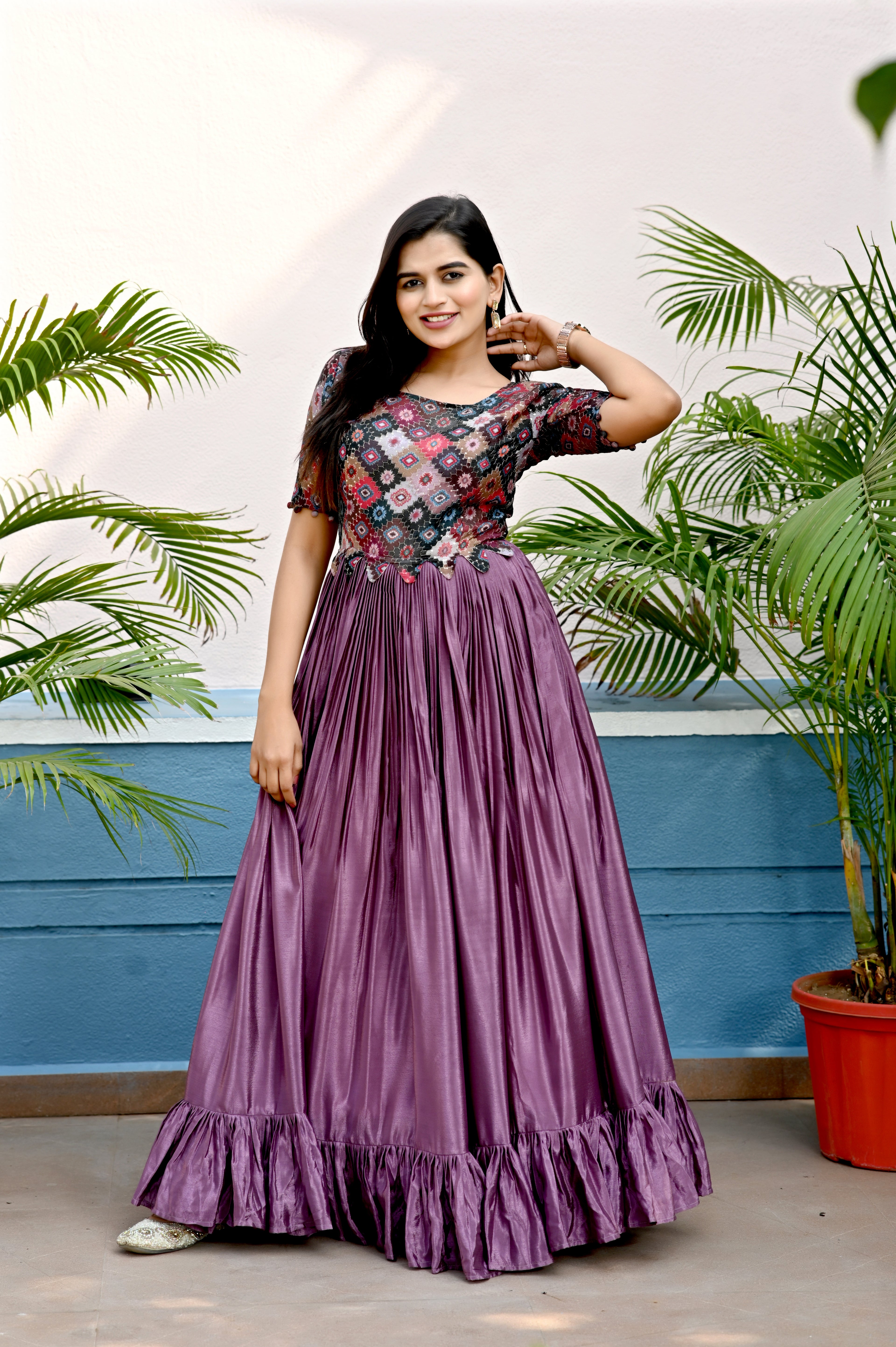 Elegant Chinnon Purple Gown with Sequins & Designer Cut – 4.5 Meter Flair | Sizes M to XXL