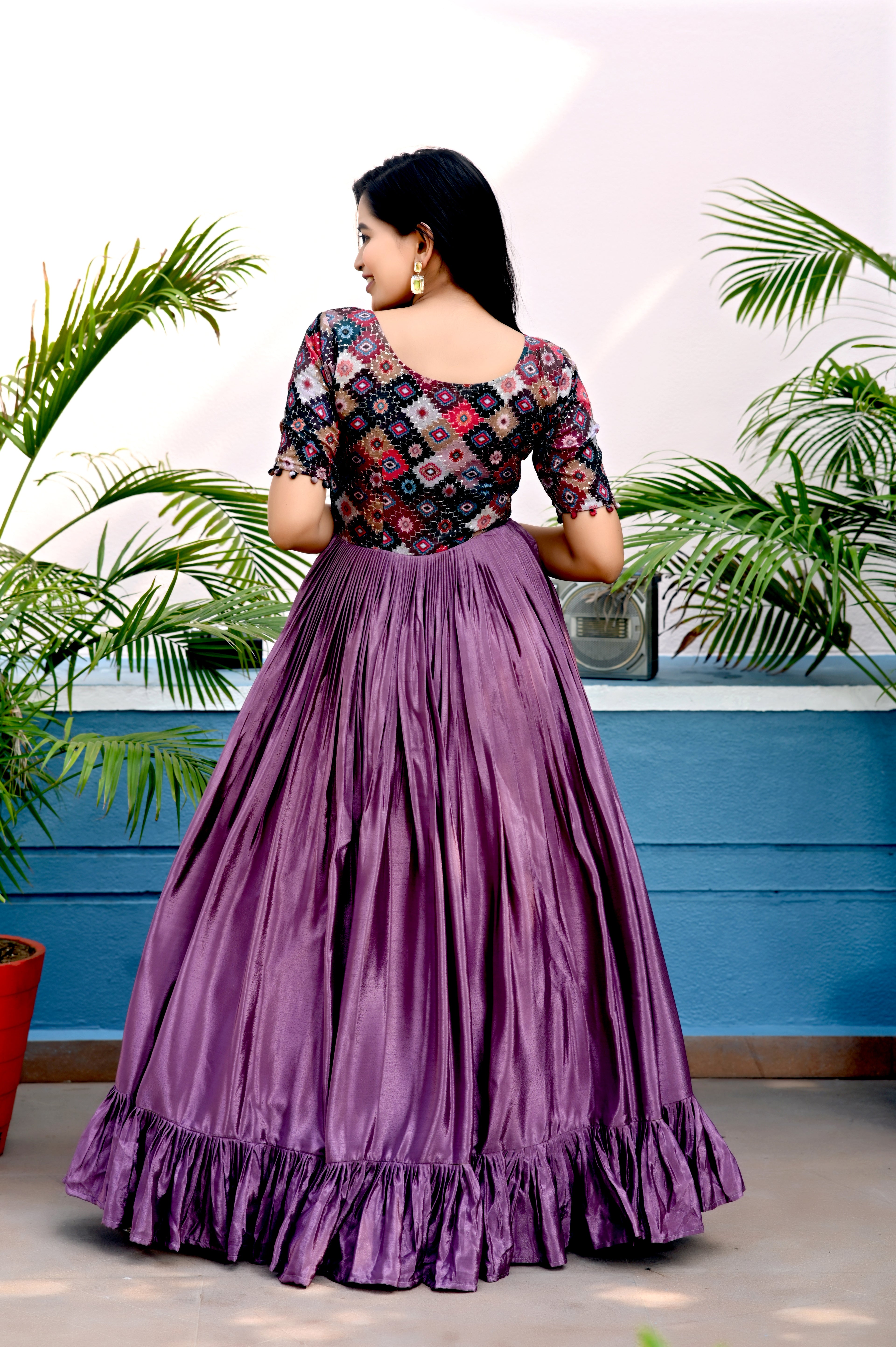 Elegant Chinnon Purple Gown with Sequins & Designer Cut – 4.5 Meter Flair | Sizes M to XXL