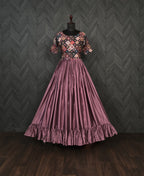 Elegant Chinnon Purple Gown with Sequins & Designer Cut – 4.5 Meter Flair | Sizes M to XXL