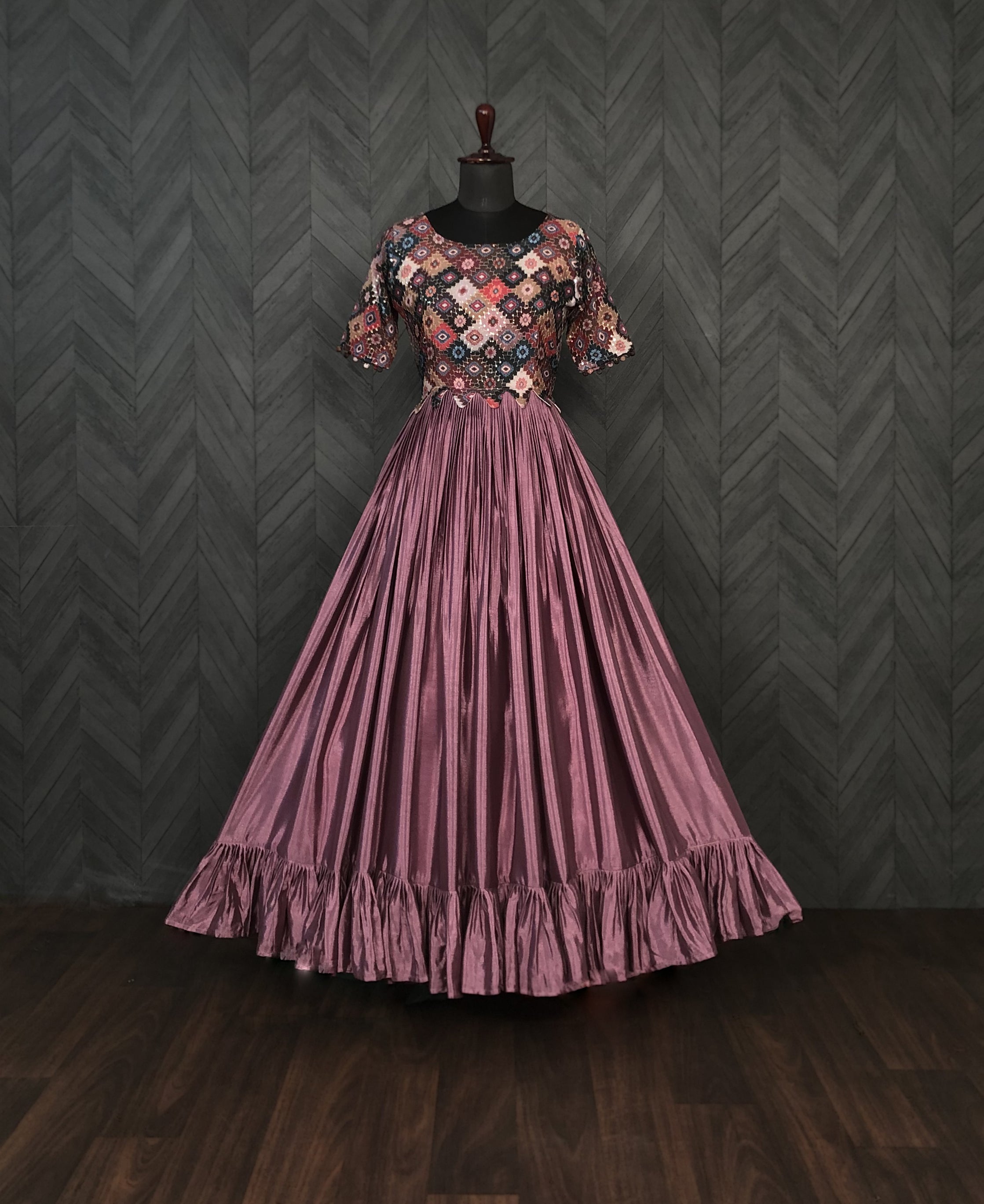 Elegant Chinnon Purple Gown with Sequins & Designer Cut – 4.5 Meter Flair | Sizes M to XXL