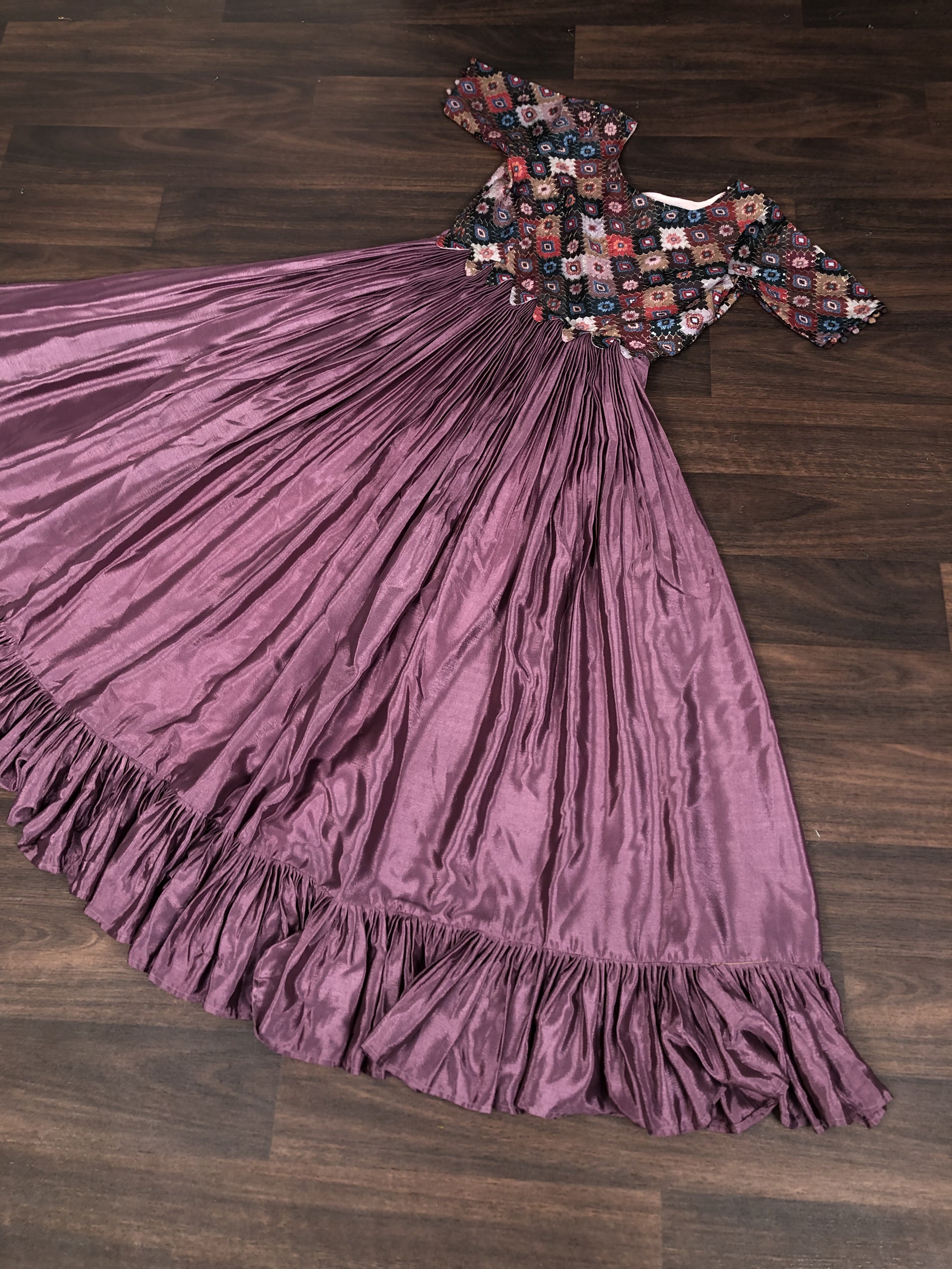 Elegant Chinnon Purple Gown with Sequins & Designer Cut – 4.5 Meter Flair | Sizes M to XXL