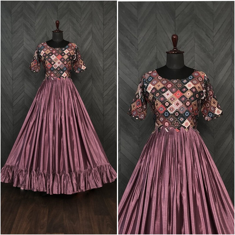 Elegant Chinnon Purple Gown with Sequins & Designer Cut – 4.5 Meter Flair | Sizes M to XXL