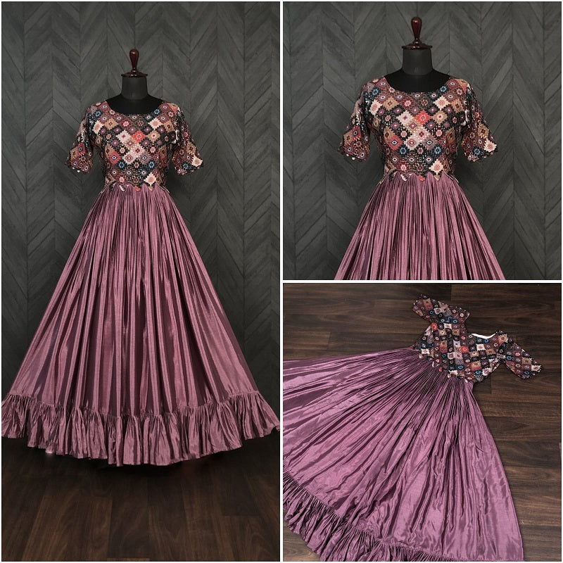 Elegant Chinnon Purple Gown with Sequins & Designer Cut – 4.5 Meter Flair | Sizes M to XXL