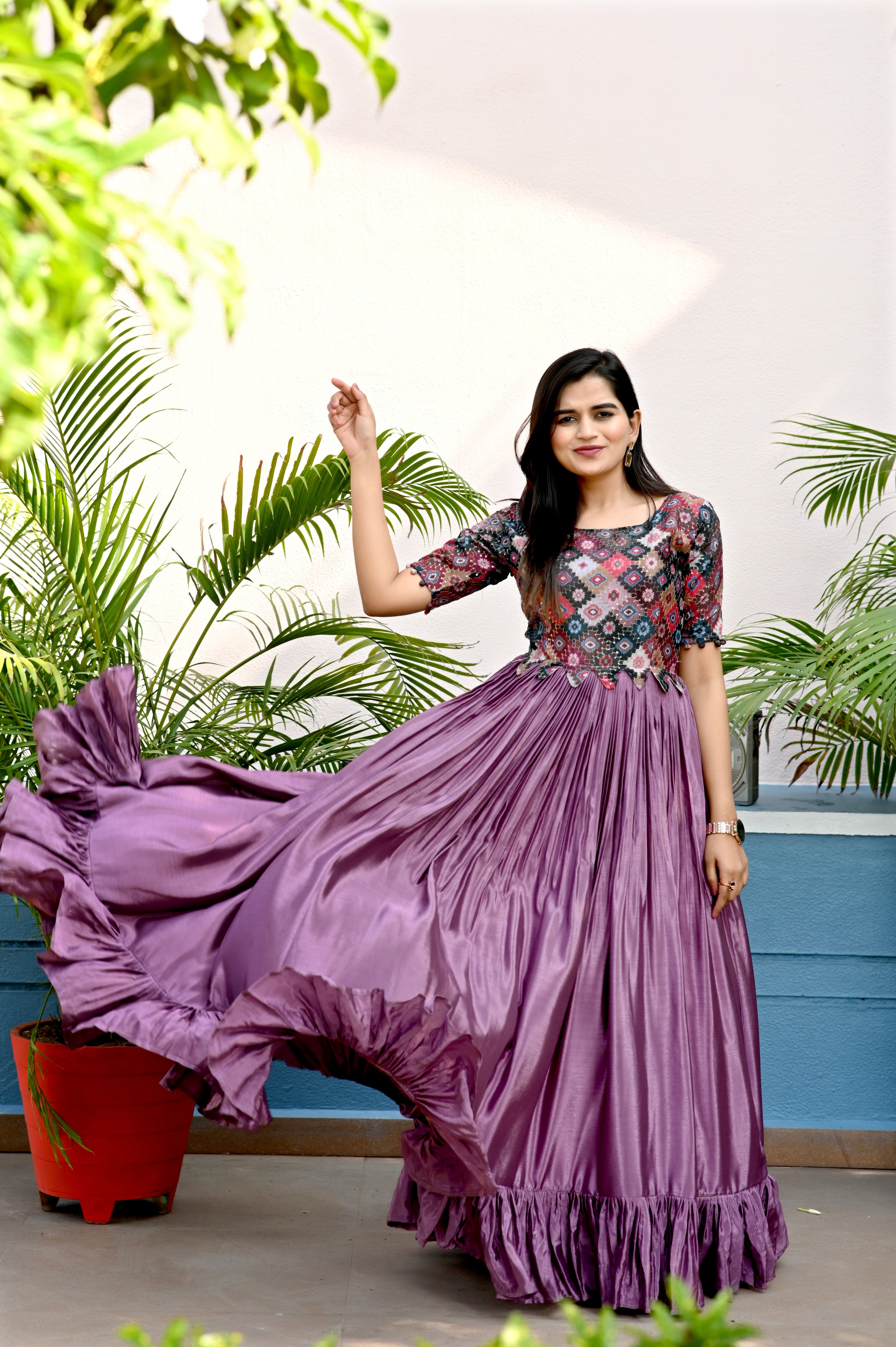 Elegant Chinnon Purple Gown with Sequins & Designer Cut – 4.5 Meter Flair | Sizes M to XXL