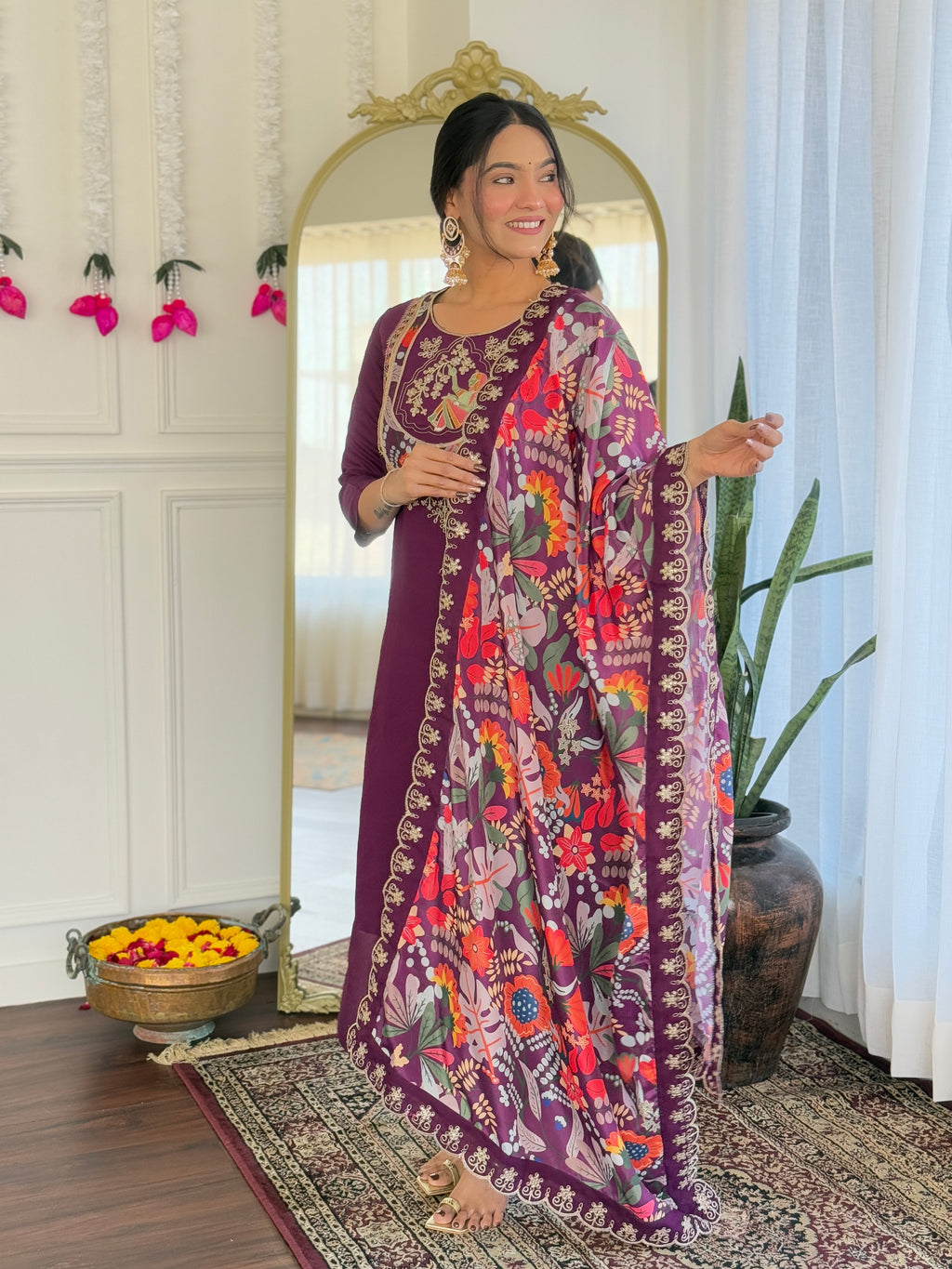 Women’s Purple Pure Viscose Chanderi Kurta Set with Sequin & Coding Embroidery