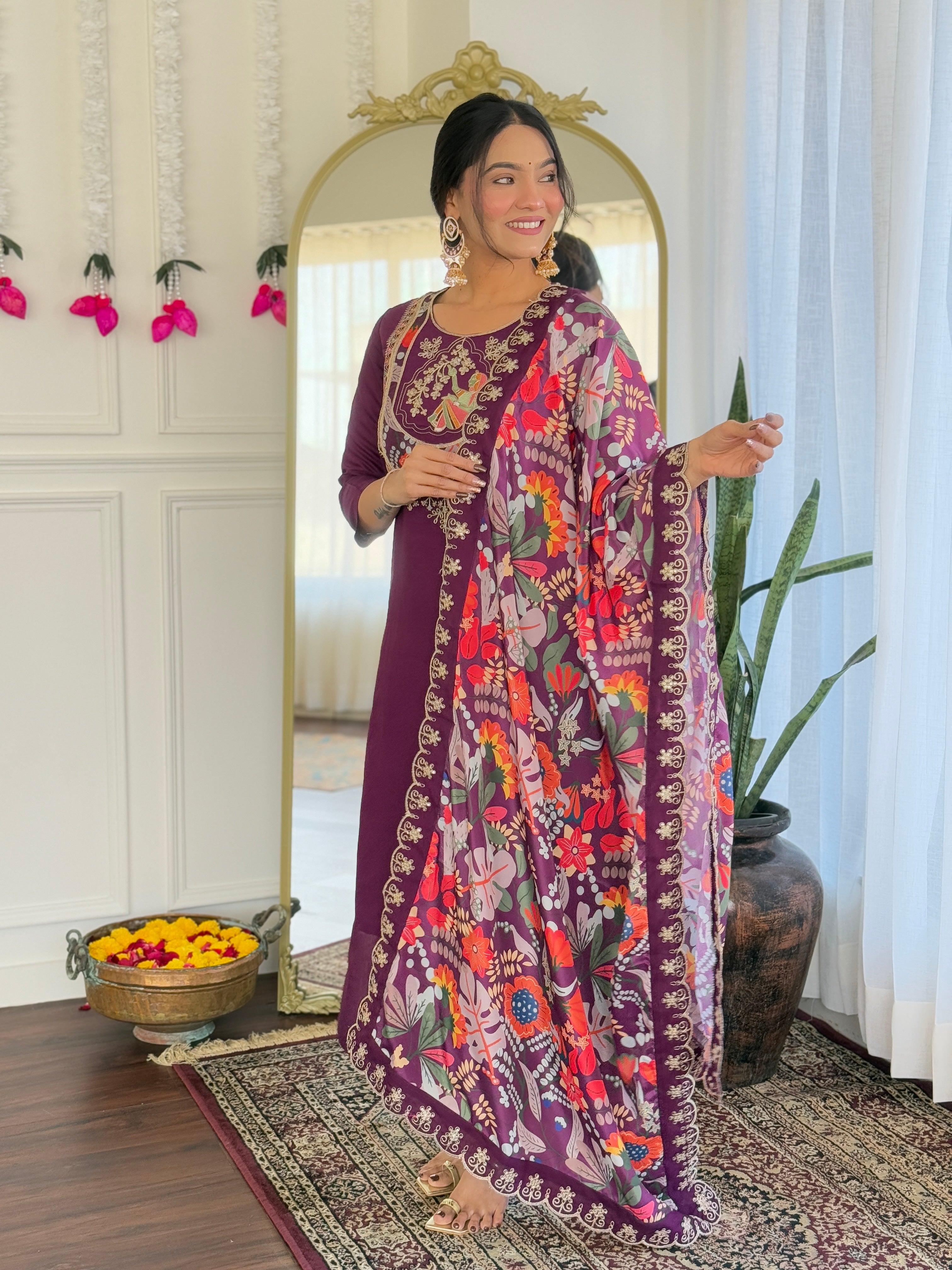 Women’s Purple Pure Viscose Chanderi Kurta Set with Sequin & Coding Embroidery
