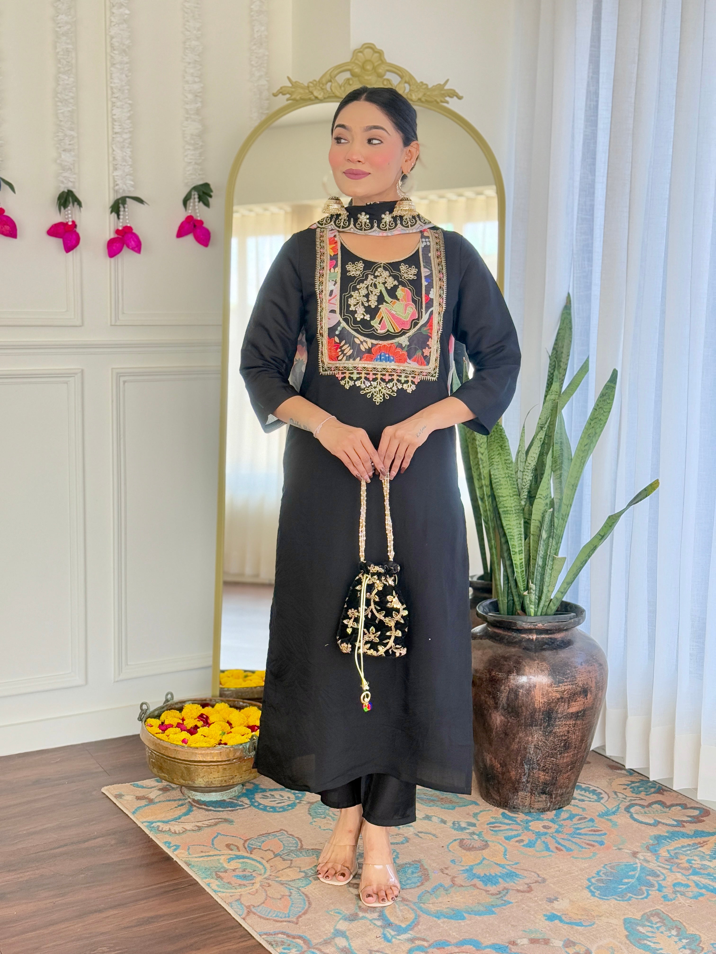 Women’s Black Pure Viscose Chanderi Kurta Set with Sequin & Coding Embroidery