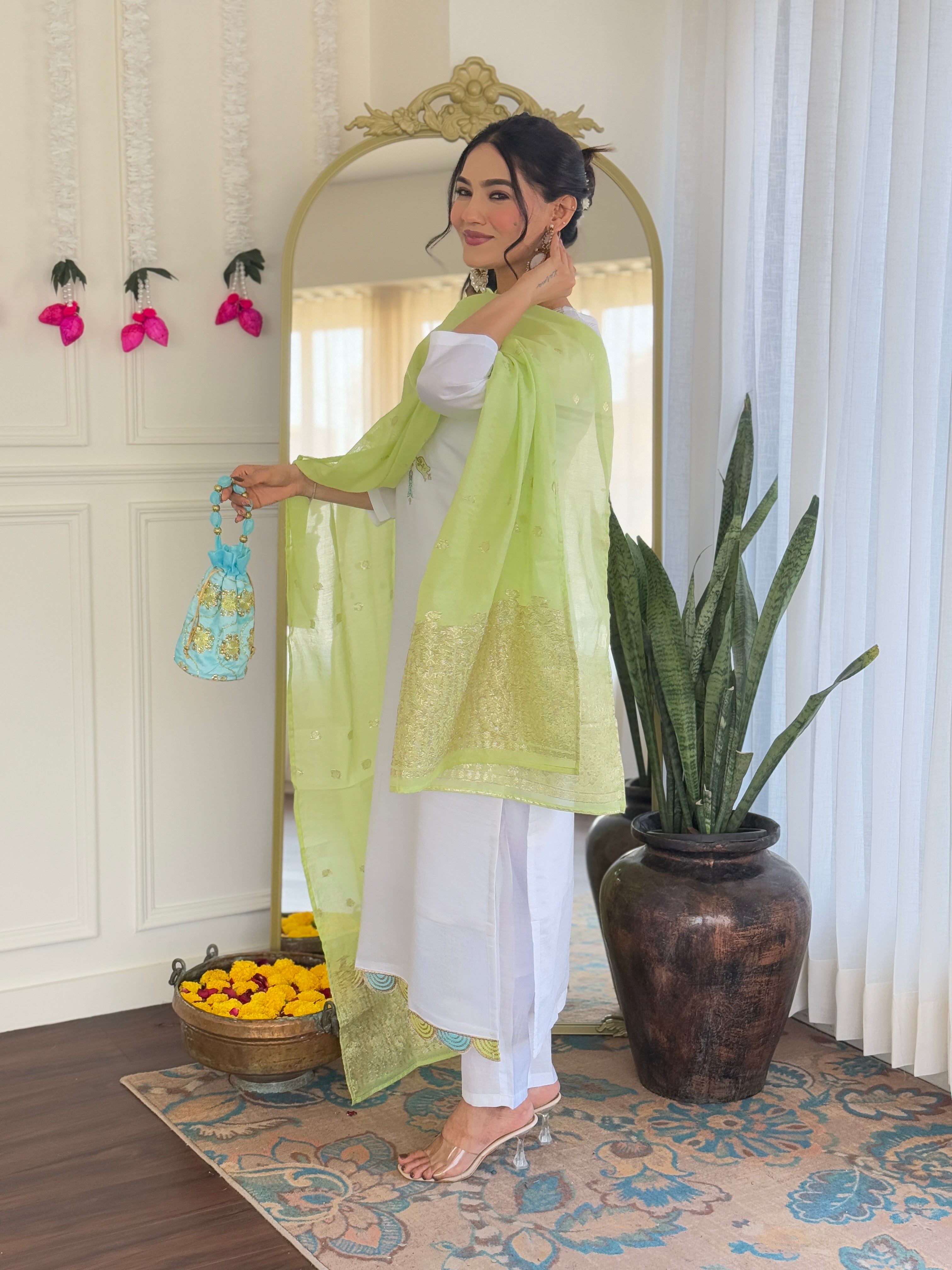 Women’s White Pure Viscose Chanderi Kurta Set with Sequin & Coding Embroidery