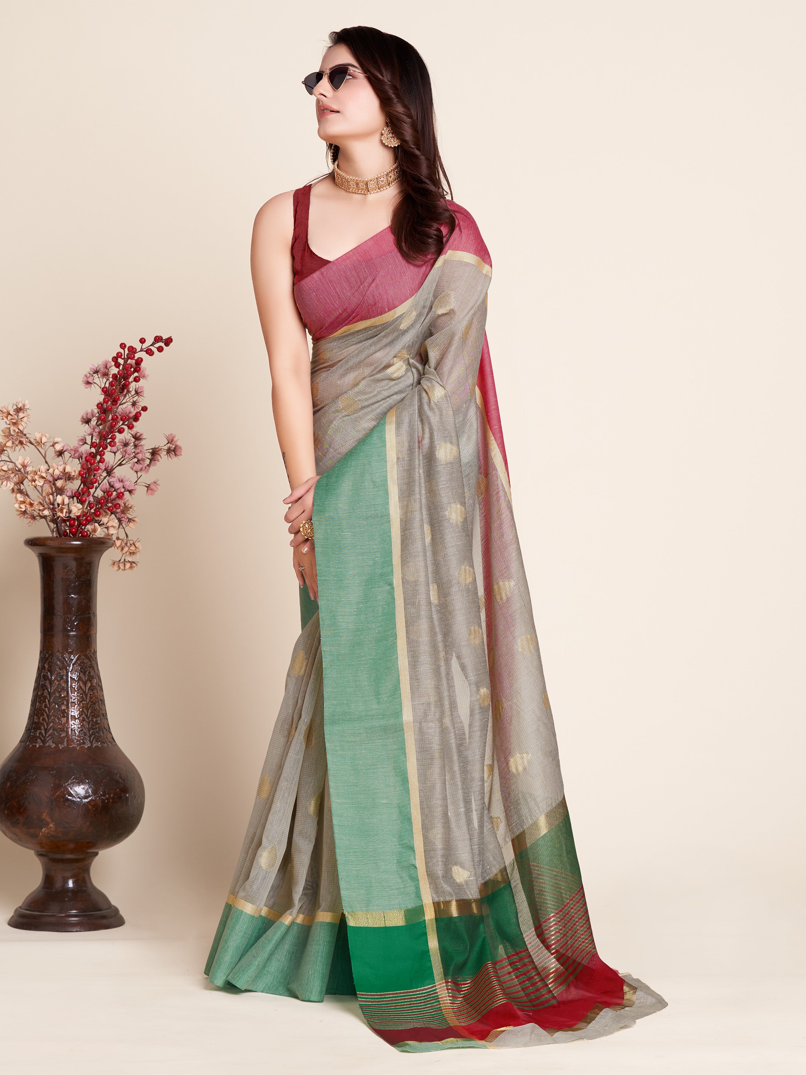 Beige Soft Silk Saree with Contrast Jari Border, Rich Pallu & Matching Blouse