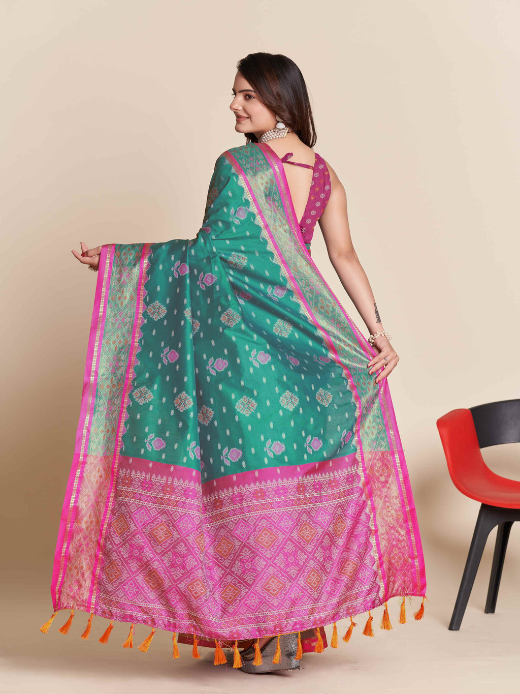 Traditional Pure Patola Silk Rama Saree with Contrast Weave, Meenakari & Tassels